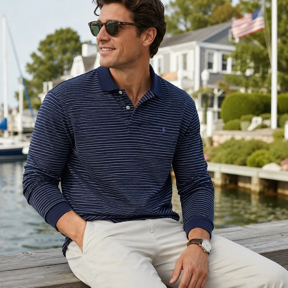 Polo Ralph Lauren Striped Long Sleeve Polo Shirt Cotton Blue White Men's Large